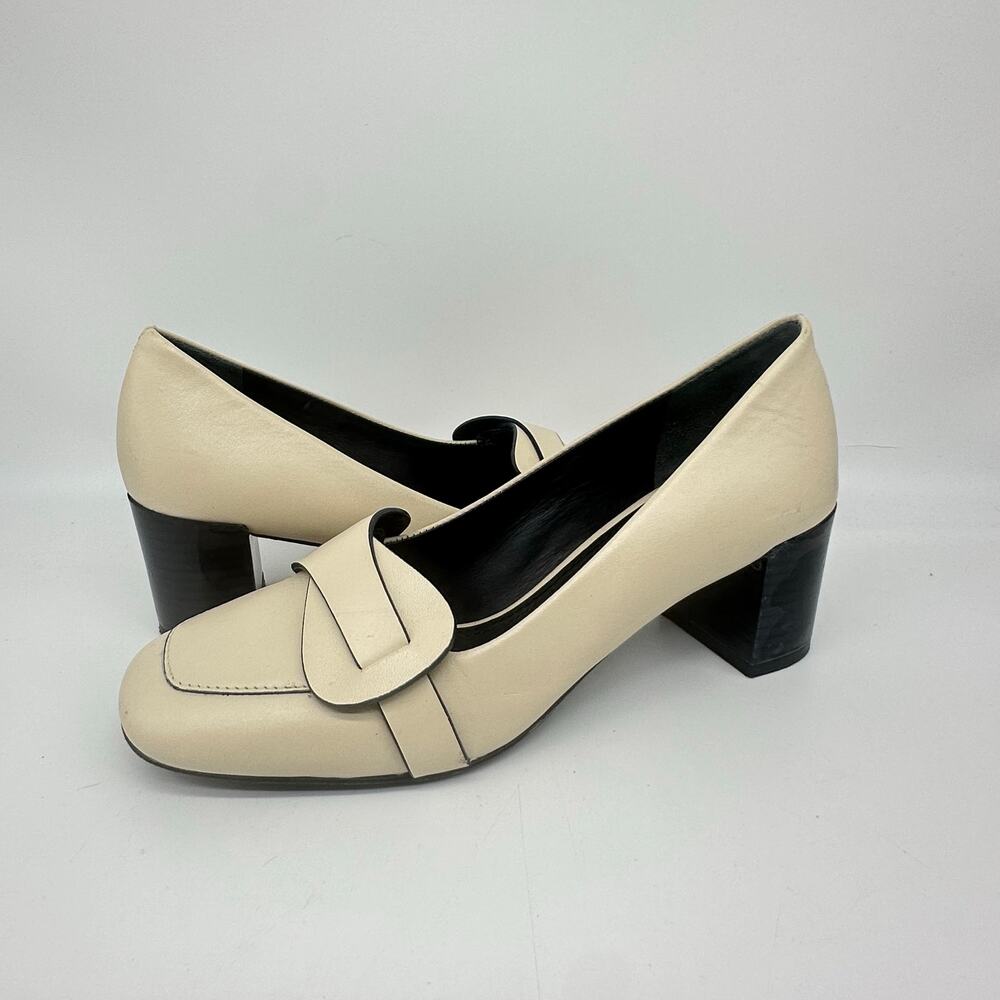 Tory Burch Cream Square Toe Block Heel Faux Buckle Womens Shoe Size 6 Officecore